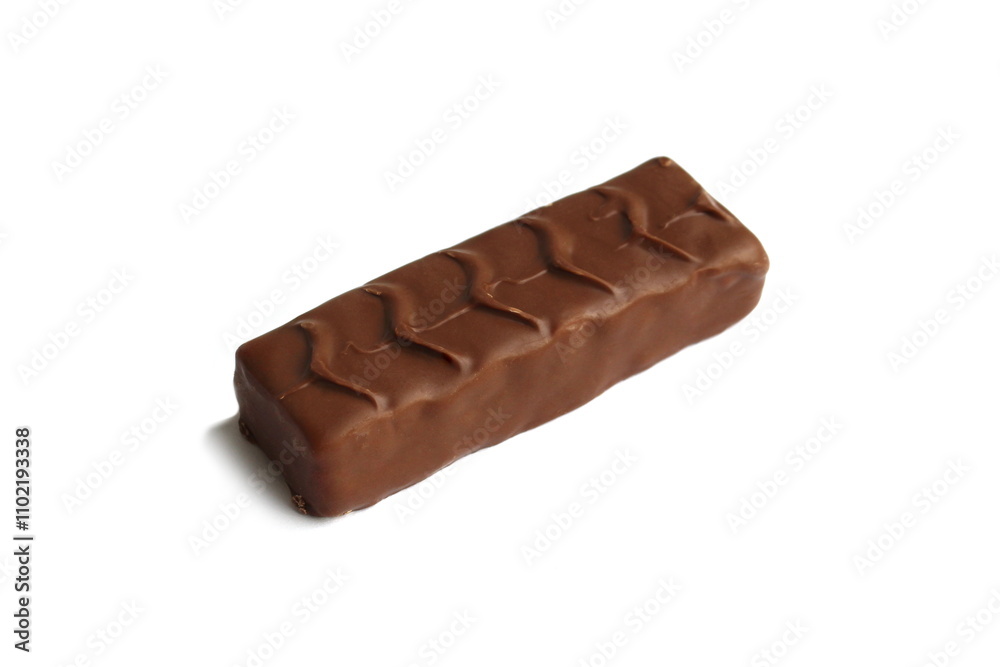 A chocolate bar lies on a white background. A chocolate bar lies on a white background.