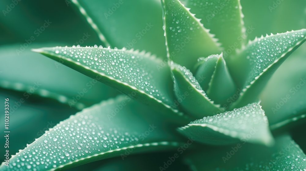 Close-up view of fresh aloe vera leaves glistening with water droplets for beauty and wellness applications Close-up view of fresh aloe vera leaves glistening with water droplets for beauty and wellness applications