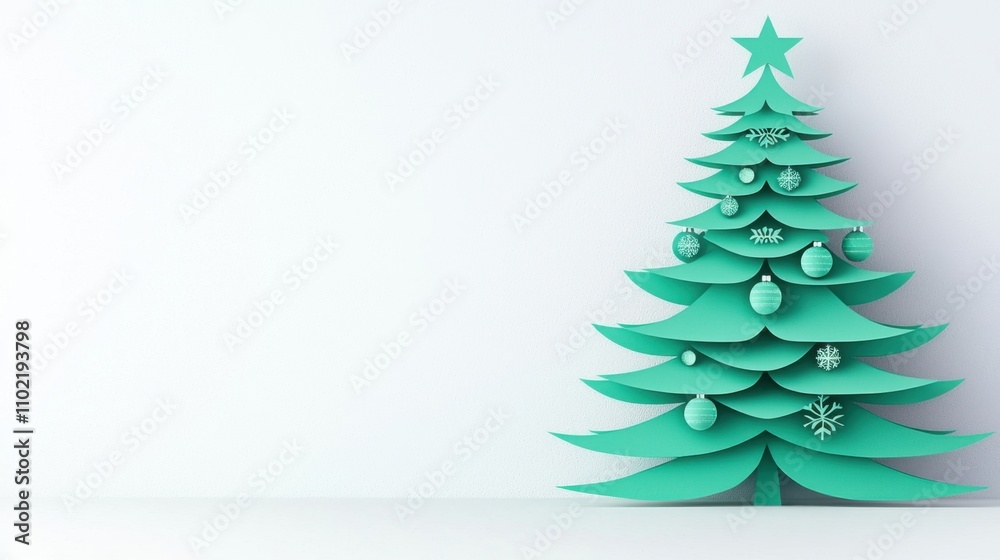Christmas paper cutout, A minimalistic green Christmas tree with ornaments and a star, set against a plain background, evoking a festive and modern holiday spirit. Christmas paper cutout, A minimalistic green Christmas tree with ornaments and a star, set against a plain background, evoking a festive and modern holiday spirit.