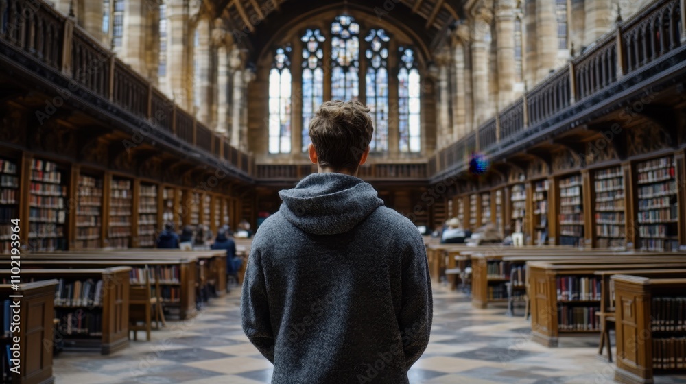Magnificent Library Hall with a Lone Figure Magnificent Library Hall with a Lone Figure