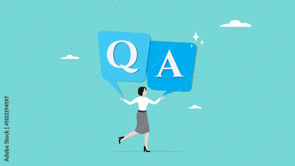 Q and A with bubble chat icon and businesswoman illustration. question and answer vector illustration. question or information to solve problem. business people holding bobble chat with Q and A text Q and A with bubble chat icon and businesswoman illustration. question and answer vector illustration. question or information to solve problem. business people holding bobble chat with Q and A text