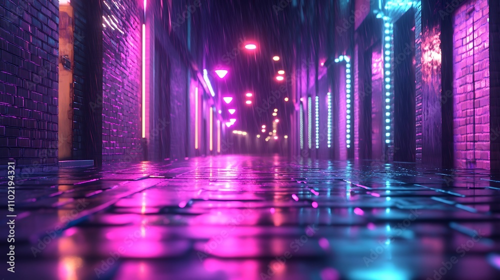 Fototapeta premium Nighttime city street illuminated by vibrant neon lights reflecting on wet pavement in a bustling urban environment