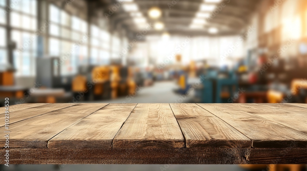 An empty wooden tabletop with a blurred background of tool rooms An empty wooden tabletop with a blurred background of tool rooms