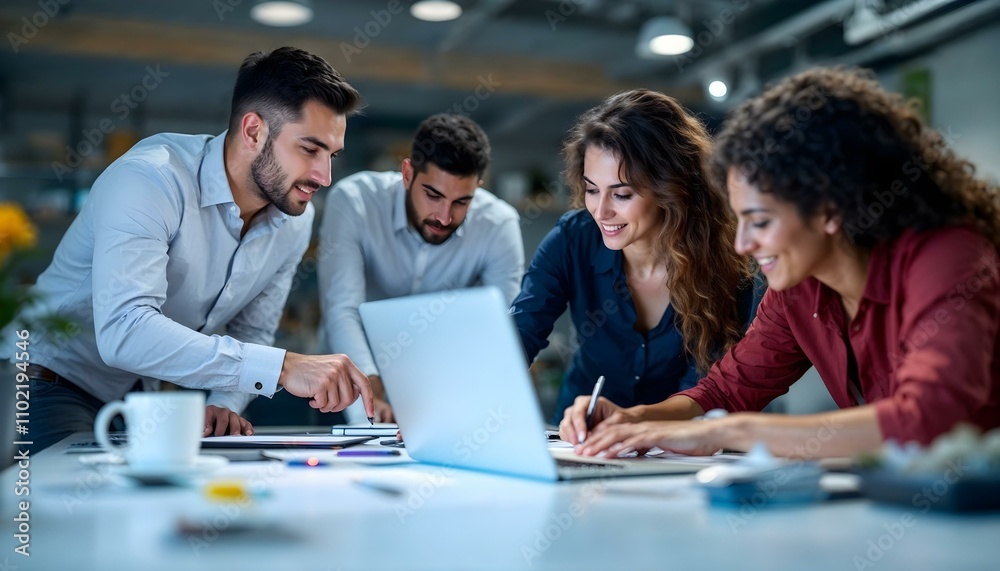 A diverse team of businesspeople collaborate on laptops, smiling as they work together in a modern office A diverse team of businesspeople collaborate on laptops, smiling as they work together in a modern office