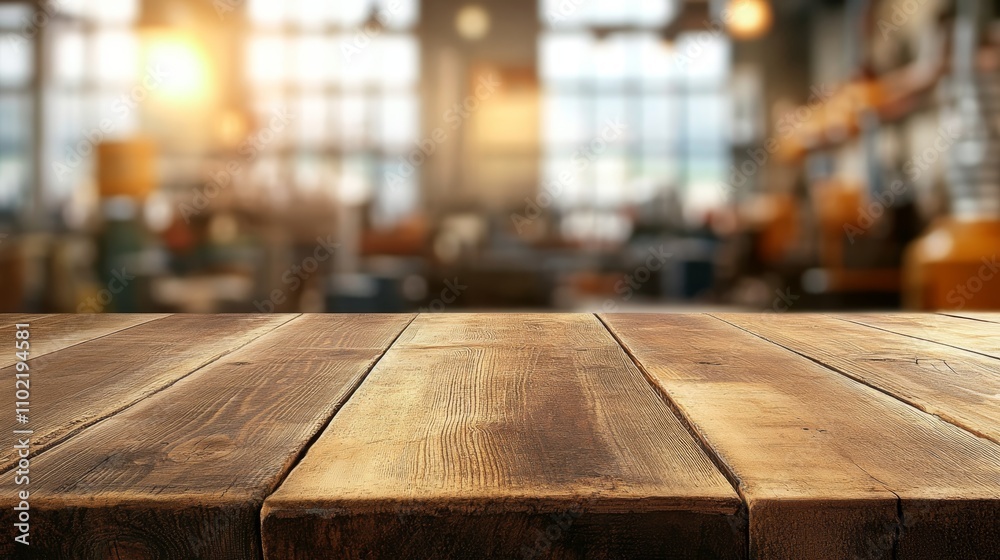 An empty wooden tabletop with a blurred background of tool rooms An empty wooden tabletop with a blurred background of tool rooms