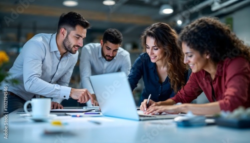 A diverse team of businesspeople collaborate on laptops, smiling as they work together in a modern office