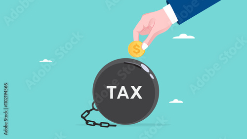 paying taxes, pay tax obligations, businessman hand includes gold coins in tax burden illustration