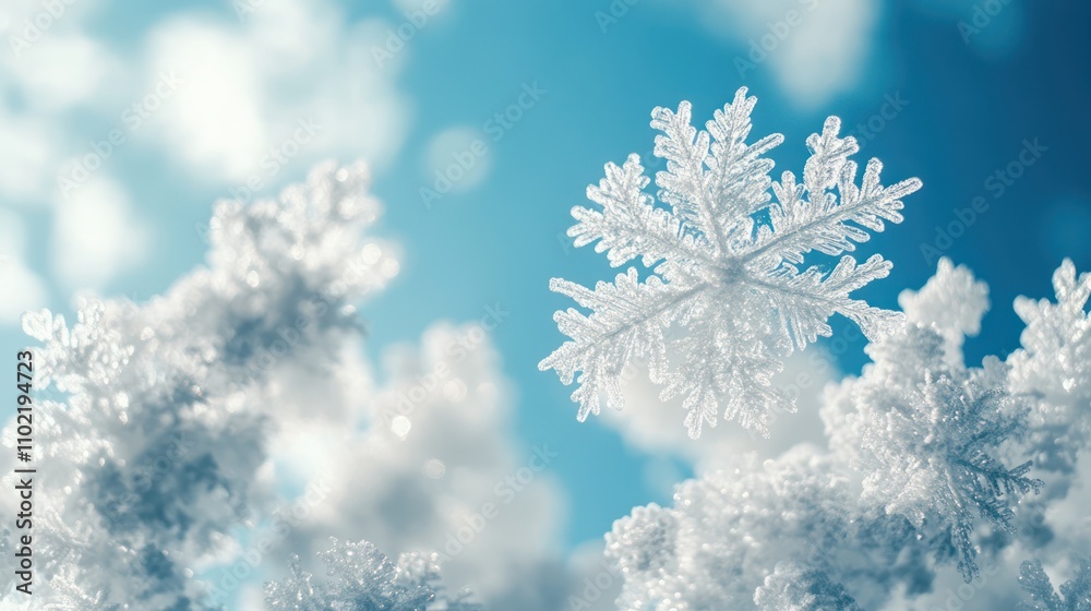 Close-up of a delicate, intricate snowflake against a bright blue sky. Close-up of a delicate, intricate snowflake against a bright blue sky.