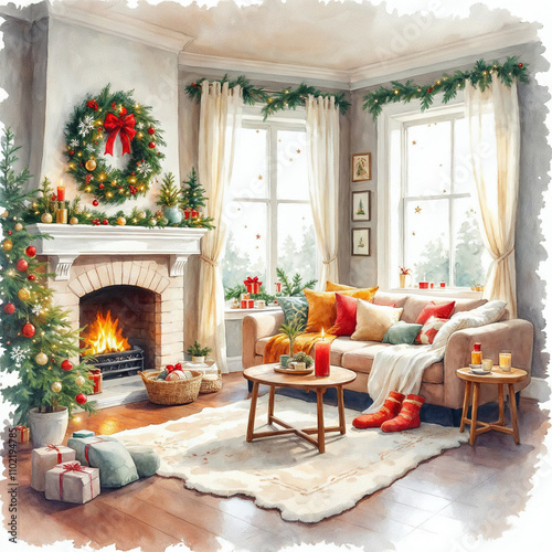 Watercolor Illustration of Christmas Themed Living Room