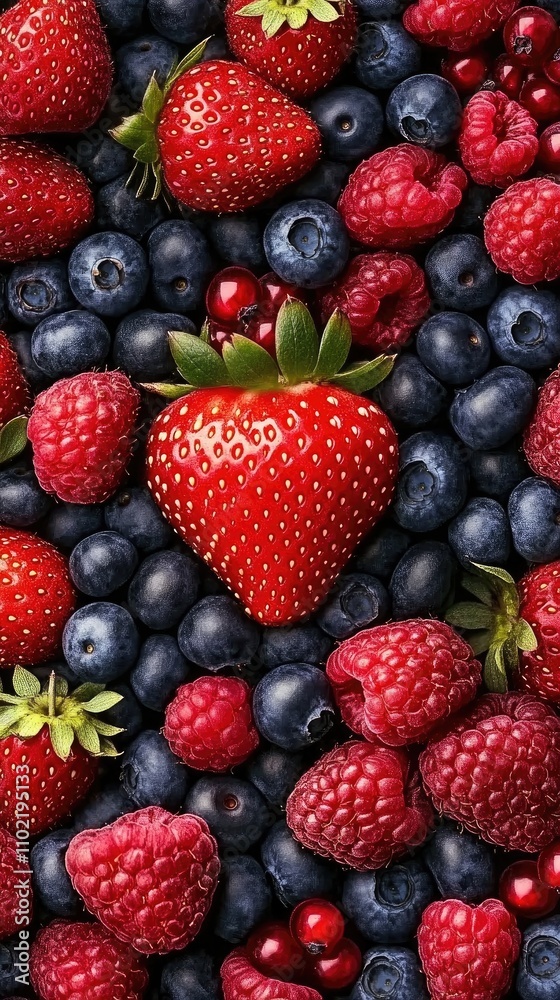 Vibrant close-up of a single strawberry surrounded by an array of mixed berries against a dramatic black background Vibrant close-up of a single strawberry surrounded by an array of mixed berries against a dramatic black background