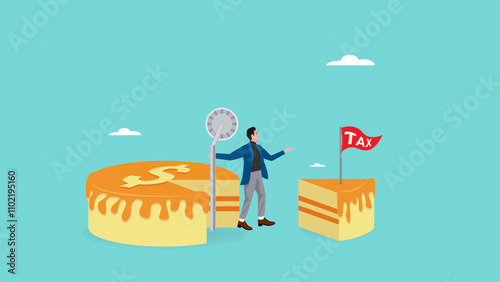 tax planning, taxation or calculation concept, income management with taxes to be paid, financial strategy for tax optimization, businessman divides cutting some bread with dollar logo to pay taxes
