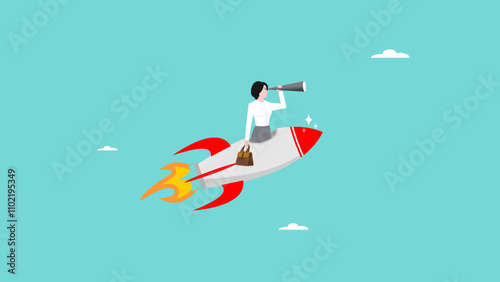 Vision to see business direction, strategy to success or business objective, business startup opportunity businesswoman who uses a telescope while riding a rocket to see the next business strategy