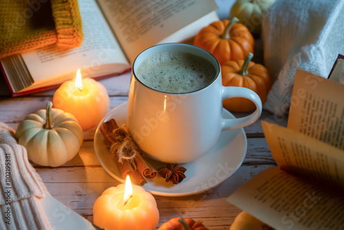 A cup of coffee and lots of books, pumpkins, autumn mood. Calendar for the 25th year.