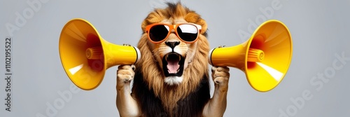 Cool lion in sunglasses holding megaphone. Marketing, sale, discount concept. Website banner. Copy space template