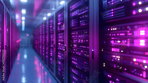 Purple Glow 3D Server Room Illustration