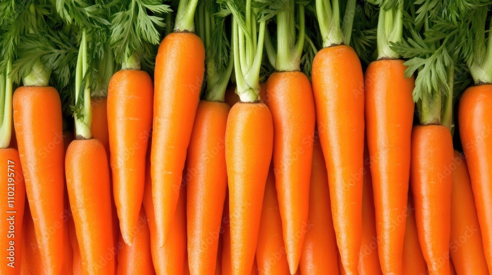 Fresh orange carrots arranged artistically at a vibrant market stall with lush green leaves and soft shadows at midday