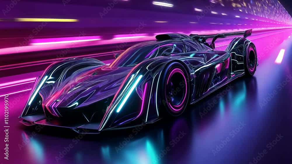 High-speed racing car on a neon-lit track at night with vibrant colors and dynamic motion High-speed racing car on a neon-lit track at night with vibrant colors and dynamic motion