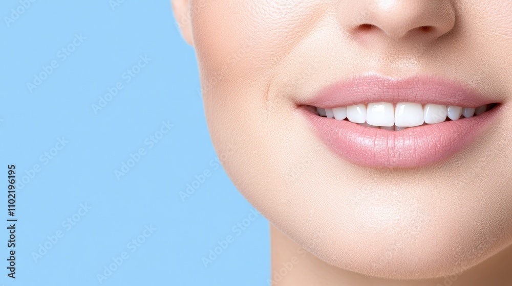 Obraz premium Captivating smile with natural beauty and glowing skin against a soft blue background for hair and beauty concepts