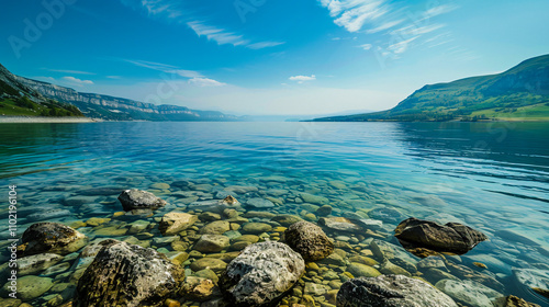 Breathtaking shot of beautiful stones and turquoise water at a lake, with hills in the background.