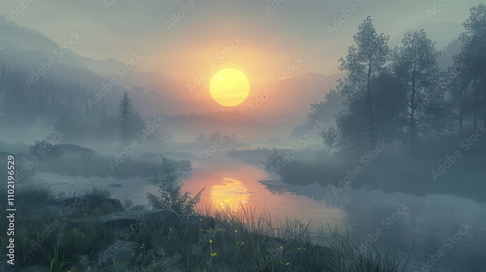 Obraz premium Misty sunrise over tranquil river in mountains.