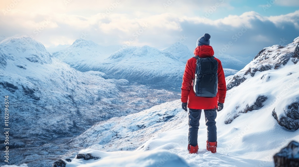 Person in red jacket stands on snowy mountain, gazing at beautiful winter landscape and distant peaks under blue sky. Person in red jacket stands on snowy mountain, gazing at beautiful winter landscape and distant peaks under blue sky.