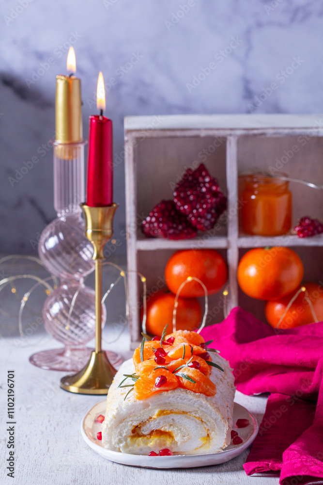 Meringue roll filled with mascarpone, cream and tangerine jam, decorated with tangerines and pomegranate seeds.