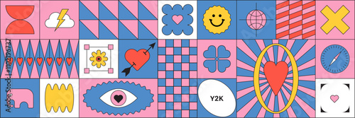 Geometric composition. Trendy funny stickers Y2k. Checker board print. Retro abstract elements. Flat design. Vibrant colors, funky style, zine aesthetic. Vectored shapes, retro vibes. Valentine Hearts