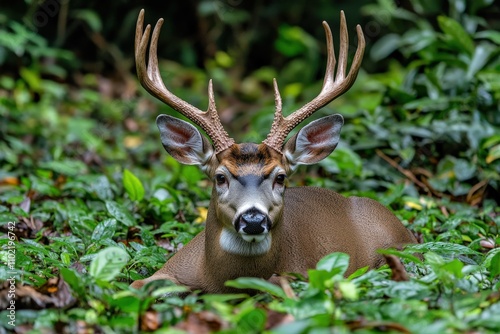 Hog Deer - Wild Cervid Mammal in National Park. Buck Stag with Brow Antlers in Natural Habitat photo