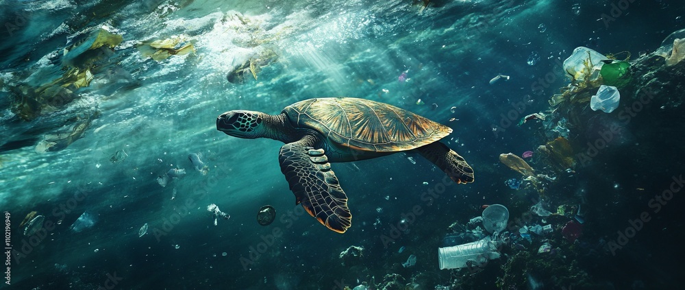 Fototapeta premium Adolescent Turtle Swimming Amidst Ocean Plastic Waste. AI generated illustration