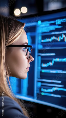 Female programmer analyzes stock market data in a modern workspace with advanced technology