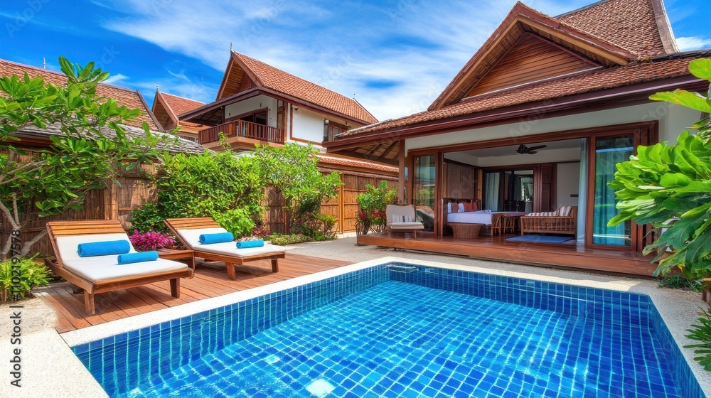 Fototapeta premium Luxurious Tropical Villa with Private Pool and Lush Garden
