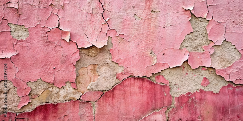 Naklejka premium Cracked and Peeling Pink Paint Reveals the Underlying Brickwork