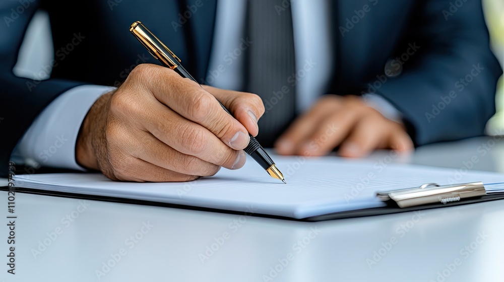Businessman planning his workday while writing notes in a minimalistic office setting with a clean white desk Businessman planning his workday while writing notes in a minimalistic office setting with a clean white desk