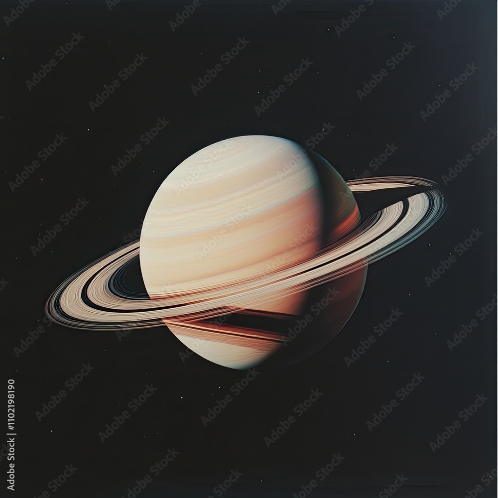 Saturn floating in space, its intricate ring system casting shadows on its surface.