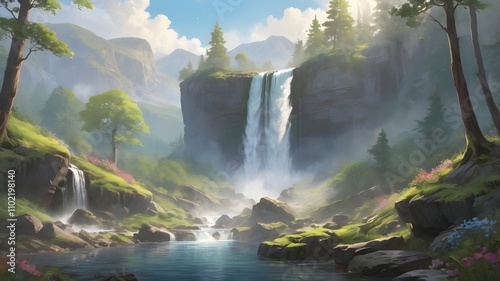 waterfall cascading down a rugged cliff surrounded by lush greenery cartoon art