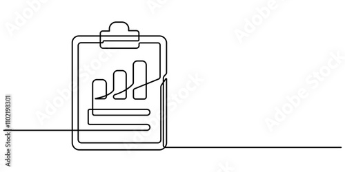 Continuous line drawing of clipboard. Growth graph icon business, bar chart, object one line, single line art, vector illustration, Continuous one line drawing of   clipboard paper with graph and pen.