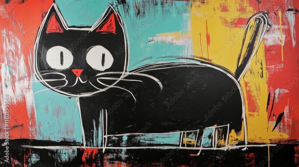 Obraz premium funny cat, unique graffiti oil painting artful illustration with grungy texture, expressive funky graffiti 