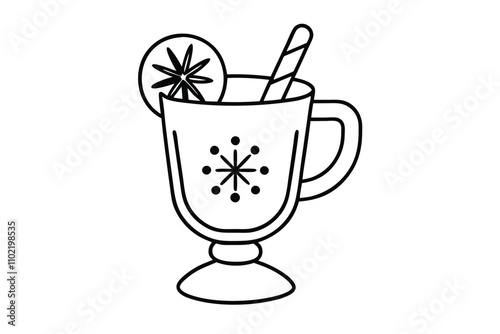 Mulled wine wit cinnamon, orange Line art style.