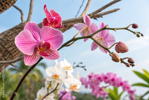 Pink orchid on a branch with other tropical flowers, tropical flowers, lush greenery, hibiscus type orchid