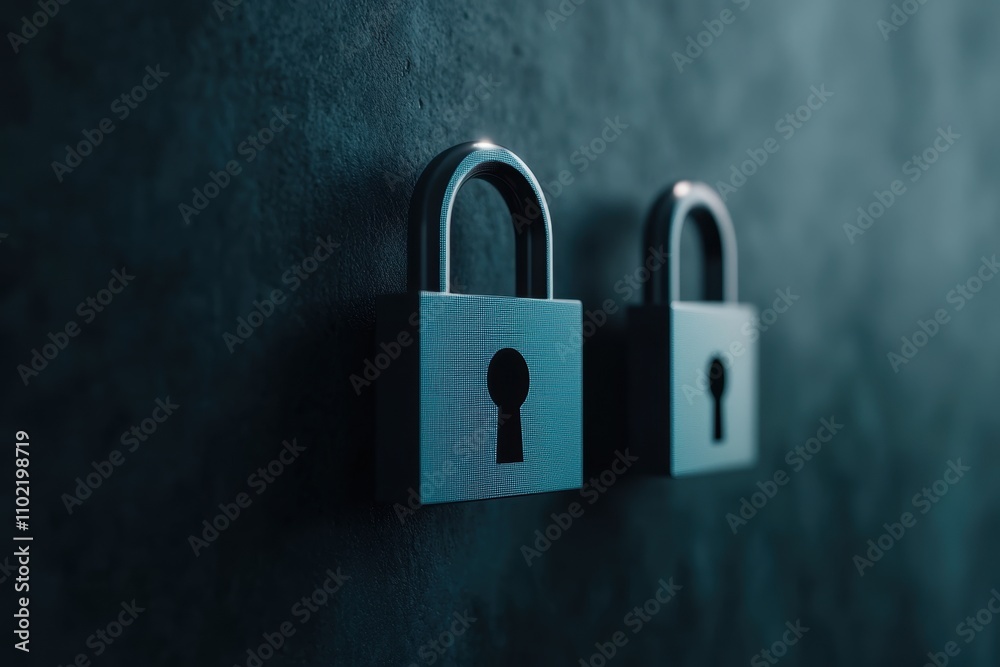 Fototapeta premium futuristic security technology, holographic lock symbols displayed on transparent screen in futuristic lab with ambient lighting and space for text