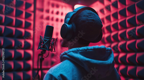 musician wearing headphones stands acoustically designed recording booth focused delivering strong vocal performance amidst colorful ambiance. photo