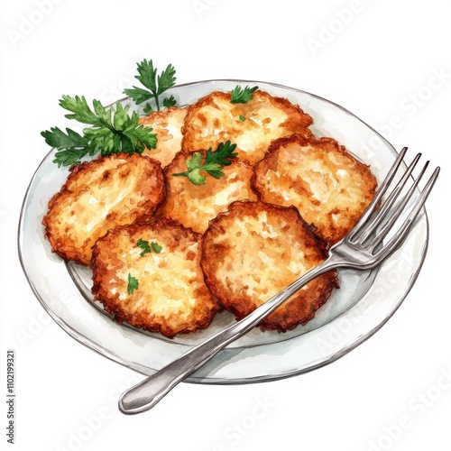 Hanukkah watercolor, A plate of golden-brown potato pancakes garnished with fresh parsley, served with a fork, appealing to those who enjoy savory fried dishes. photo