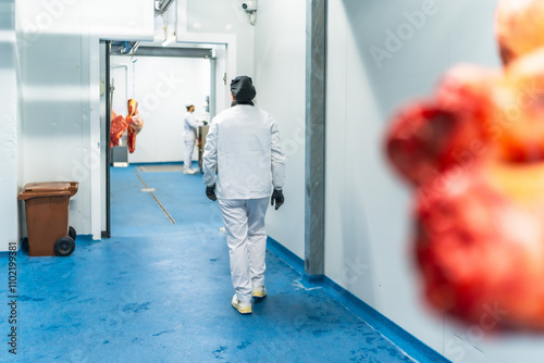 Quadro em tela People working in the cold room storage of a meat factory