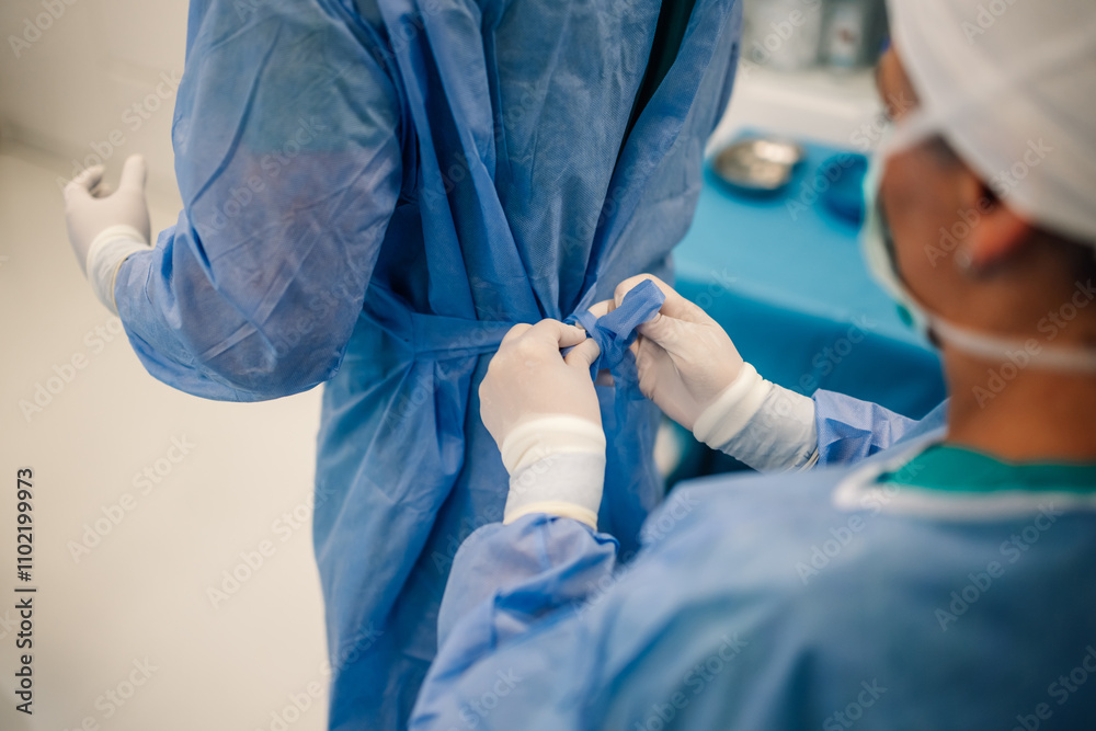 Medical professional ties surgeon’s sterile gown for operating room. Medical professional ties surgeon’s sterile gown for operating room.