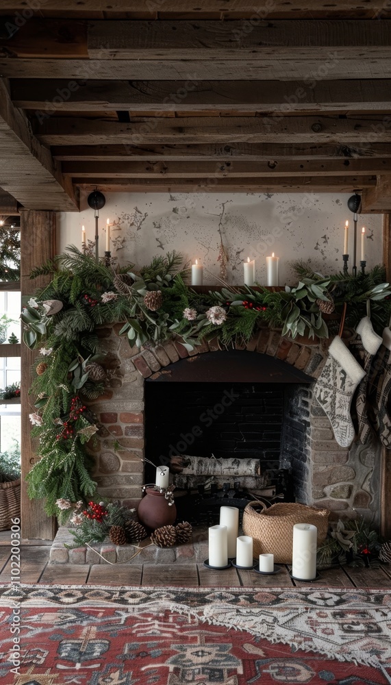 Obraz premium Charming holiday fireplace mantle adorned with candles, pinecones, and holly for cozy ambiance
