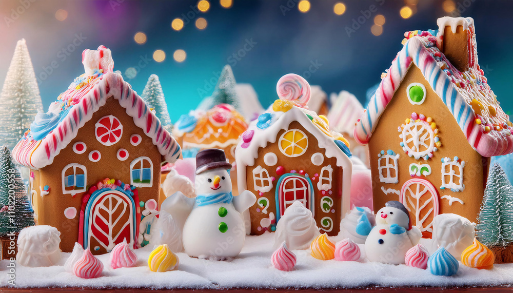 Naklejka premium A whimsical gingerbread village with snowmen and candy canes, bathed in warm holiday lights. Generative AI