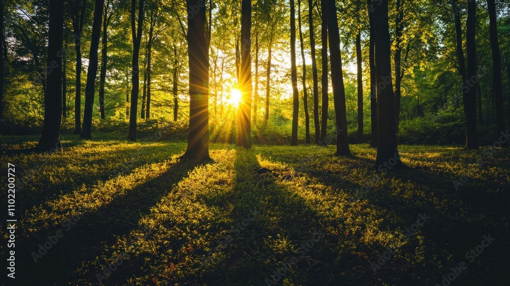 Fototapeta premium Sunlight filtering through tall forest trees casting shadows on ground