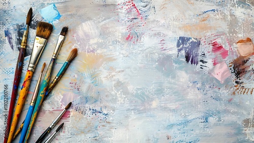 Creative Arrangement of Used Paintbrushes on a Painted Canvas photo