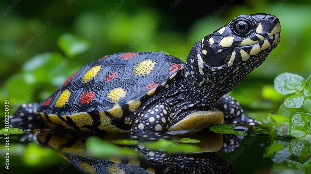 Vibrant spotted turtle resting in lush green environment with reflections Vibrant spotted turtle resting in lush green environment with reflections
