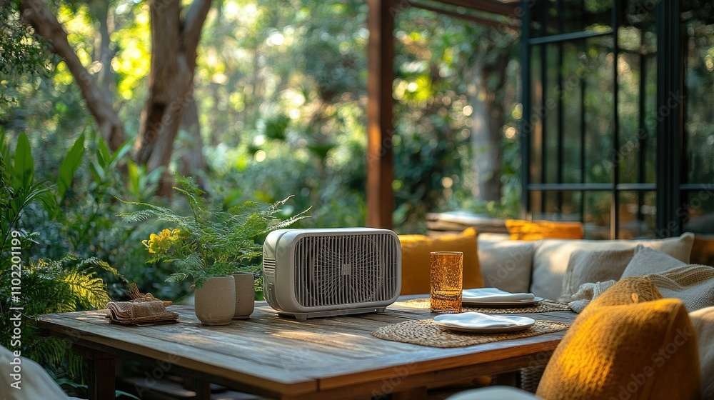 A cozy outdoor setting with a fan, table, and plants, perfect for relaxation. A cozy outdoor setting with a fan, table, and plants, perfect for relaxation.